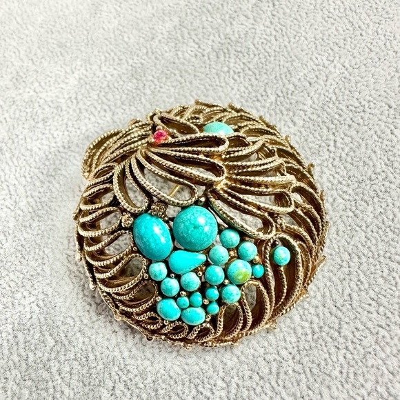 Vintage Signed CAPRI Turquoise Cabochon Burst Dome Brooch - Picture 2 of 4